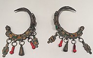 Ear Ornament (Tikhrazin), One of a Pair, Silver, green and yellow enamel, colored glass, and plastic
